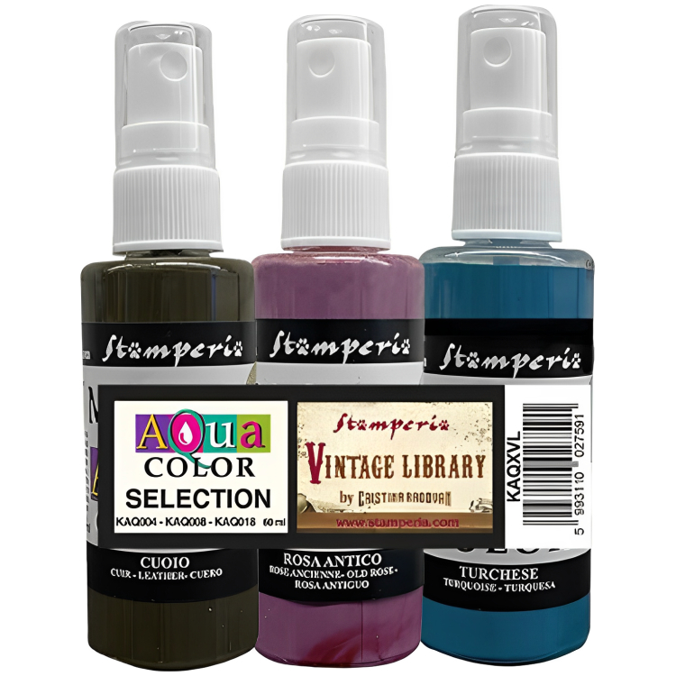 kaq STAMPERIA VINTAGE LIBRARY AQUA COLOR 3 X 60 ML - KAQXVL - Imagine 1